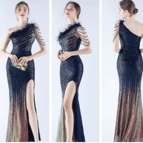 Navy, One Shoulder Beaded, Feather Neck, Sequined/ Mesh, Gradient Mermaid Gown - Picture 16 of 16